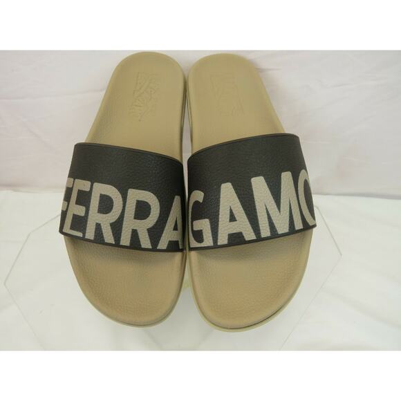 SALVATORE FERRAGAMO AMOS DARK BROWN RUBBER LETTERING LOGO SANDALS SLIDES 10 M main image 5